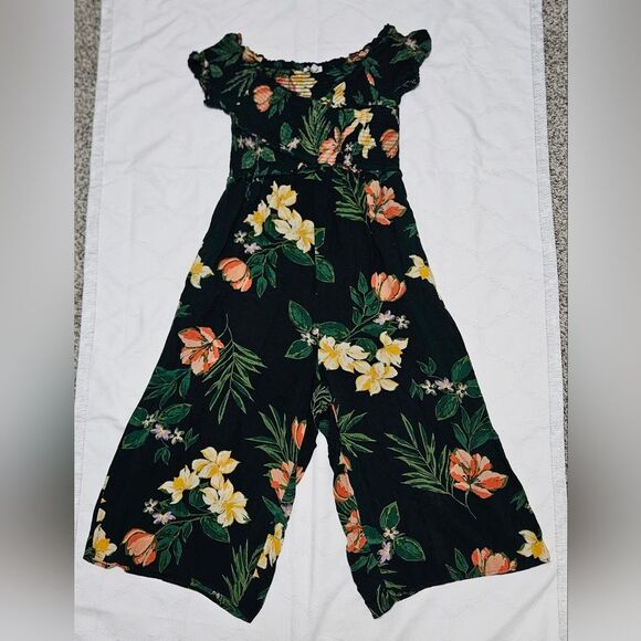 Patrons of Peace Tropical Jumpsuit Women's Med Green Smocked Top Cropped Rayon* - Picture 2 of 10